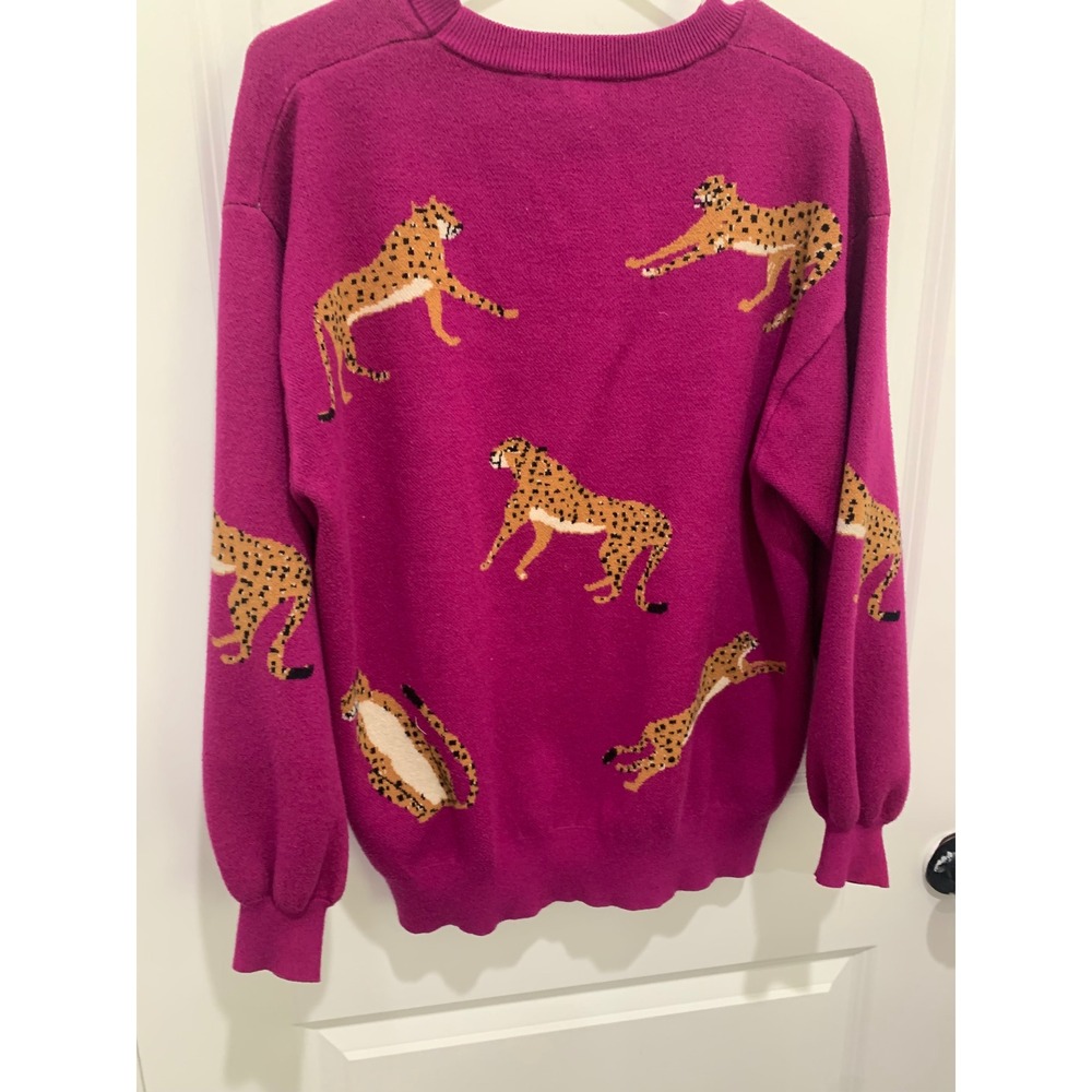 She + Sky Magenta Pink Cheetah Leopard Print Puff Sleeve Knit Sweater Medium